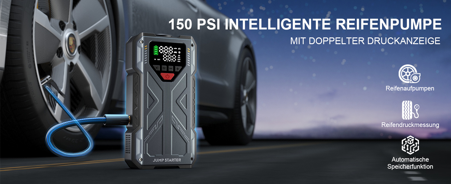 Пусковий пристрій (бустер) для авто Starthilfe 8000A з компресором 150 PSI, Powerbank 12V для бензинових та дизельних двигунів до 10л, LED-дисплей, сірий