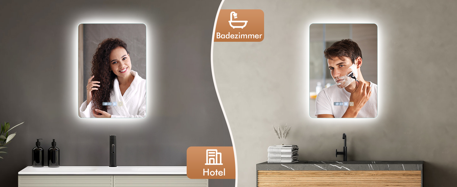 Дзеркало Bellanny LED з підсвічуванням 60 см | Настінне дзеркало для ванної кімнати, комодний дзеркало | Дзеркало для макіяжу з сенсорним вимикачем, 3 кольори світла, регульована яскравість, проти запотівання, IP44, горизонтальне/вертикальне (прямокутне - 70*50 см)