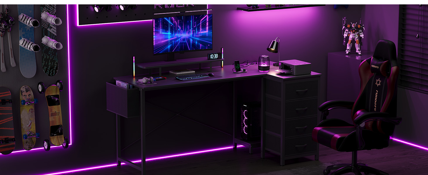 Кутовий письмовий стіл Claiks з 4 тканинними висувними ящиками, 140x80 см, з USB-зарядом та розеткою, чорний
