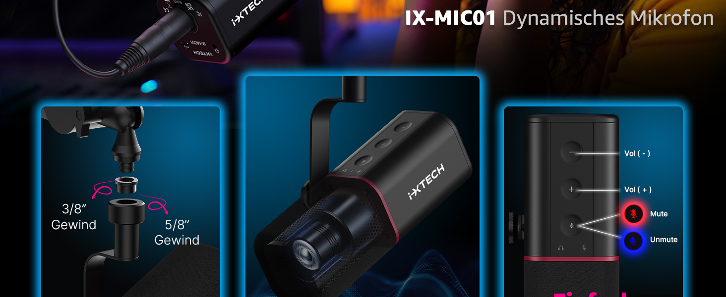 Динамічний мікрофон IXTECH з кардіоїдною діаграмою, RGB підсвічуванням, USB/XLR для студії, подкастів, стрімів, вокалу, озвучування, білий (чорний, M)