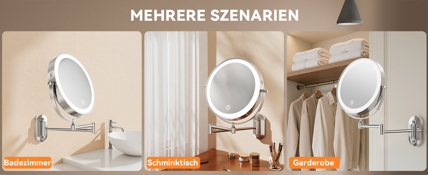 Дзеркало для макіяжу Auxmir з підсвічуванням 1X/30X, перезаряджуване, з LED, для гоління та макіяжу, настінне, поворотне на 360°, з 3 кольорами світла, 3200mAh, срібне