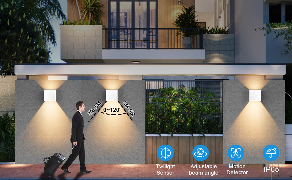 Klighten Настінний світильник з датчиком руху, 12W, IP65, 3000K, тепле біле світло, для вулиці/інтер'єру, регульований світловий потік