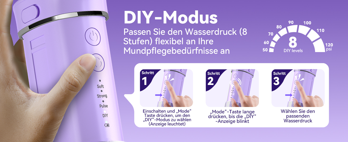 Портативний електричний іригатор для зубів JTF Munddusche Mini - бездротовий, 5 насадок, 4 режими, 230 мл, водонепроникний (фіолетовий)