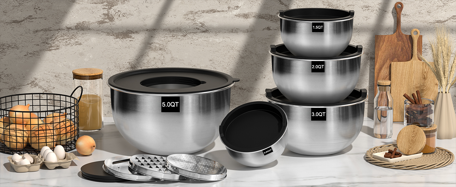 Набір мисок для кухні 5 шт. з нержавіючої сталі з кришками, 4.7л/2.8л/1.9л/1.4л/0.6л. Ідеально для приготування, випічки та зберігання. Складаються одна в одну, можна мити в посудомийній машині. В комплекті тертка.