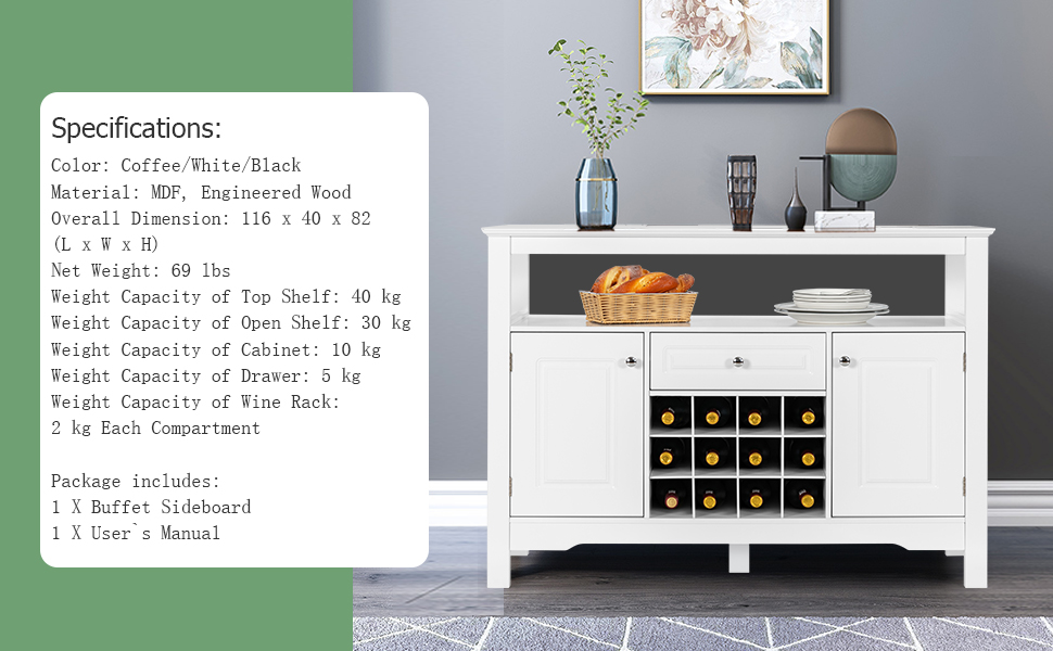 GIANTEX Буфет з полицями для вина, комод у шафу, білий, з ящиками та 2 шафами