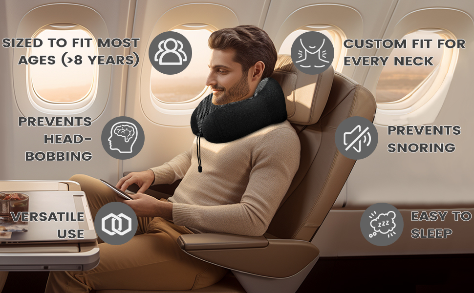 Подорожня подушка під шию з ефектом пам'яті (Memory Foam) для літака та авто, чорна, з 3D-маскою для сну та берушами