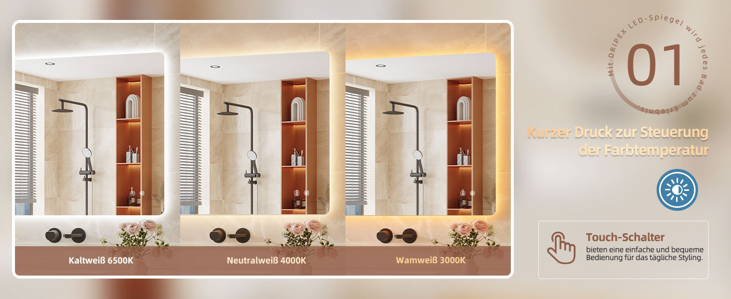 Дзеркало для ванної кімнати з LED підсвічуванням Dripex, сенсорне керування, регулювання яскравості, 3 кольори світла, антизапар, 80x80 см