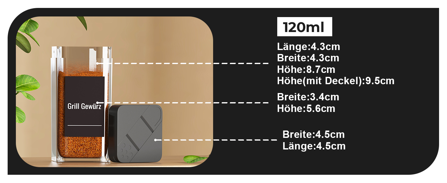 Набір кутових банок для спецій з кришкою, 32 шт по 120 мл, чорний, з дозатором та 120 етикетами