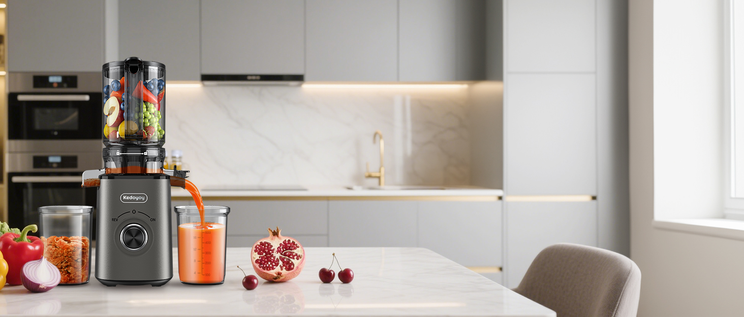 Електричний соковитискач Slow Juicer з великою завантажувальною воронкою 120 мм для цілих овочів та фруктів, об'єм контейнера для соку 600 мл, легке очищення, для сім'ї, фітнесу та здоров'я (сірий)