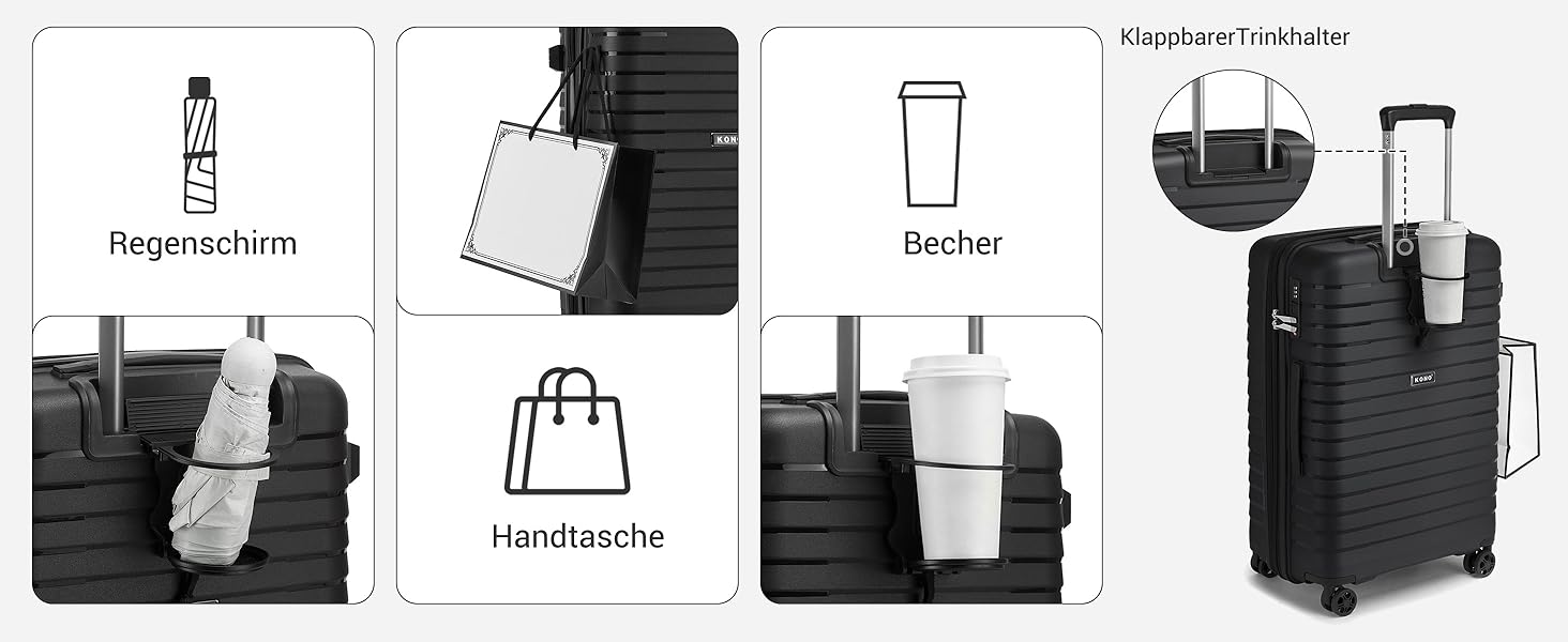 Чохол KONO середнього розміру з жорсткою оболонкою, PP-матеріал, розширюваний, легкий, з 4 спін-колесами, тримачем для напоїв та TSA замком (Зелений, L). Розмір: середній.