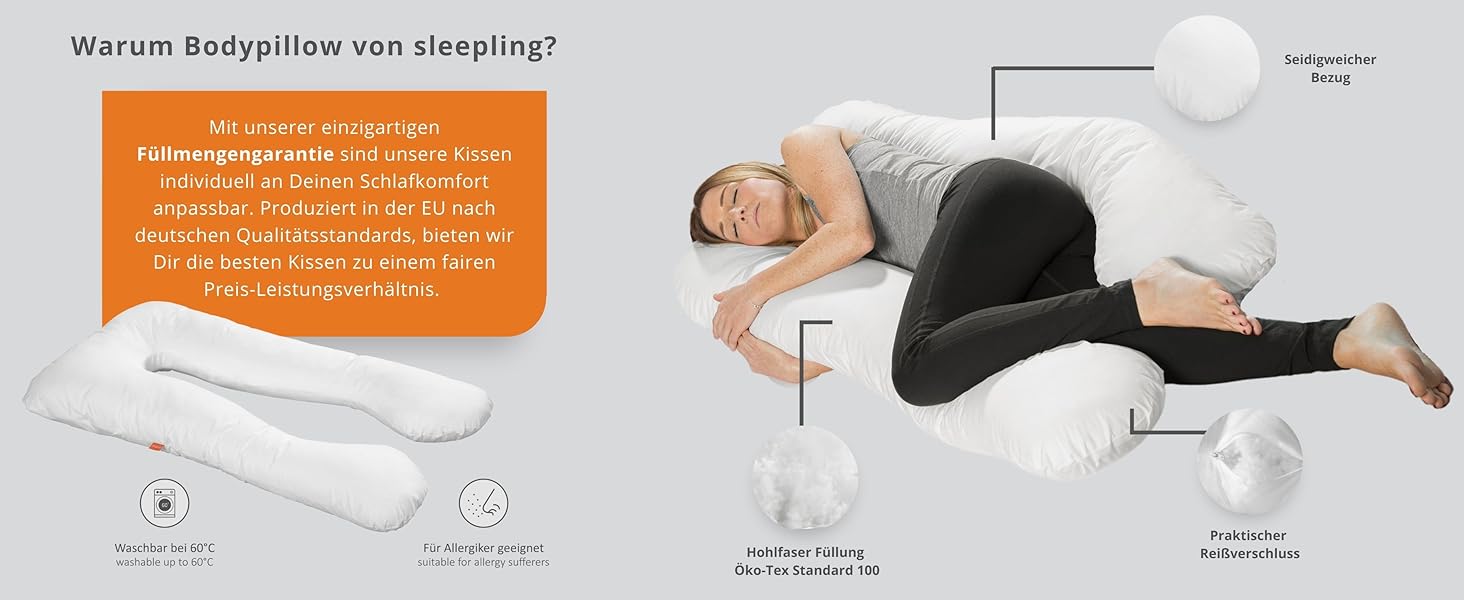 Подушка для вагітних Sleepling, подушка для сну на боці, Body Pillow U-подібної форми, сірий, 140 x 75 x 20 см, мікрофібра, знімний чохол, Ökotex, Made in EU