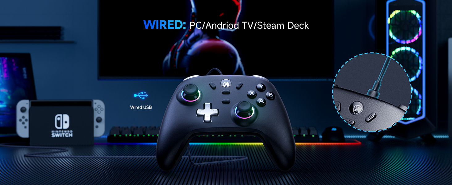 Ігровий бездротовий контролер ECHTPower для PC, Switch, Steam Deck, Android, iOS — RGB підсвітка, Hall-джойстики, Turbo, вібрація, акумулятор 800mAh (Чорний)