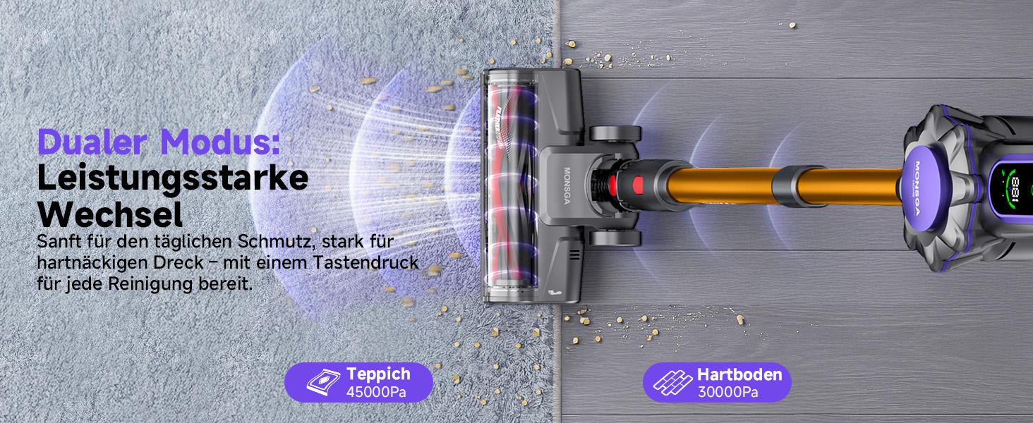 Бездротовий акумуляторний пилосос MONSGA з великою потужністю 45000Pa, до 50 хвилин роботи, дисплеєм, антизаплутана насадка, самостійна парковка, настінна зарядка, 8-шарова фільтрація, безщітковий двигун, для твердих поверхонь, килимів, шерсті тварин та авто.