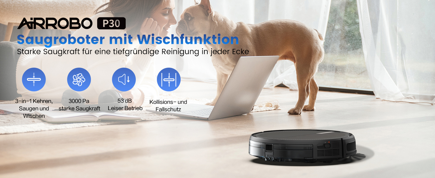Робот-пилосос AIRROBO P30 з функцією миття, 3000Pa, 3-в-1, для тварин, килимів, твердих підлог, з пультом дистанційного керування, час роботи 120 хв (чорно-сірий)