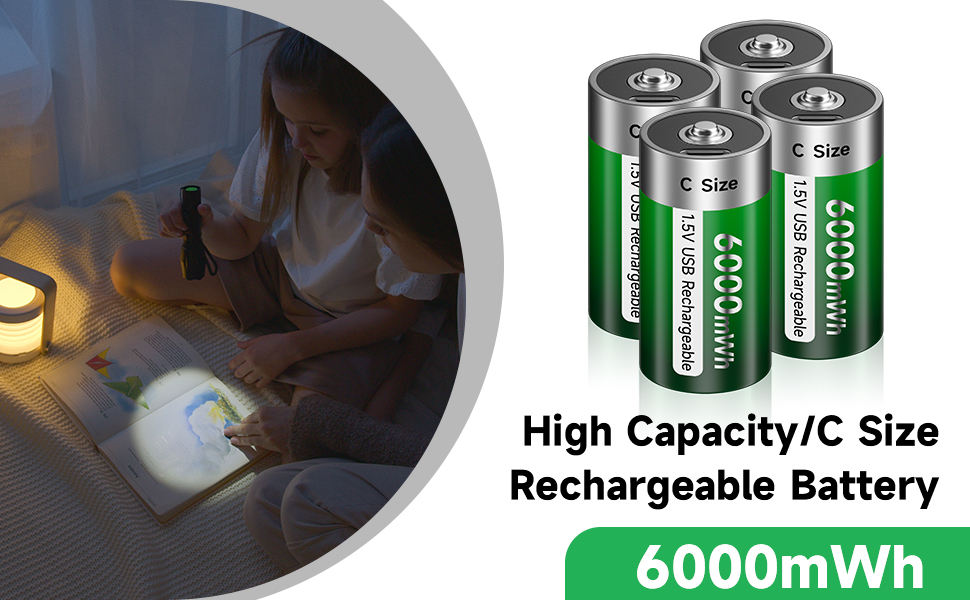 Акумулятори типу C (LR14) 1.5V 6000mWh літієві перезарядні, 4 шт. з USB-C кабелем для швидкої зарядки