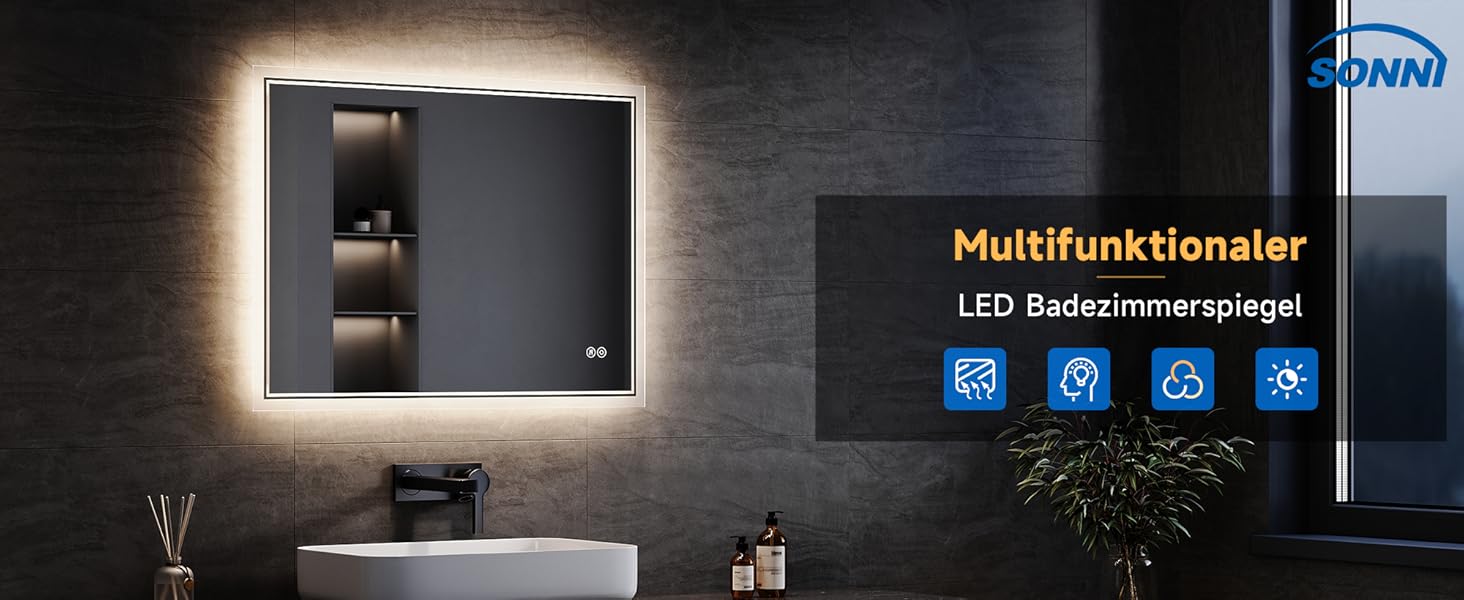 Дзеркало для ванної кімнати SONNI з підсвічуванням 80x60 см, 3 кольори світла, проти запотівання, LED, сенсорна кнопка, годинник, температура, 3-кратне збільшення