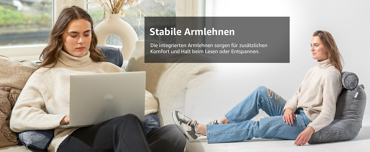 Подушка для читання Ella Lesekissen для ліжка та дивана з знімною подушкою для шиї - подушка для спини - подушка для читання з піною з пам'яті з підлокітниками, ідеально підходить для читання, перегляду телевізора, лінощів або як підтримка спини - сіра