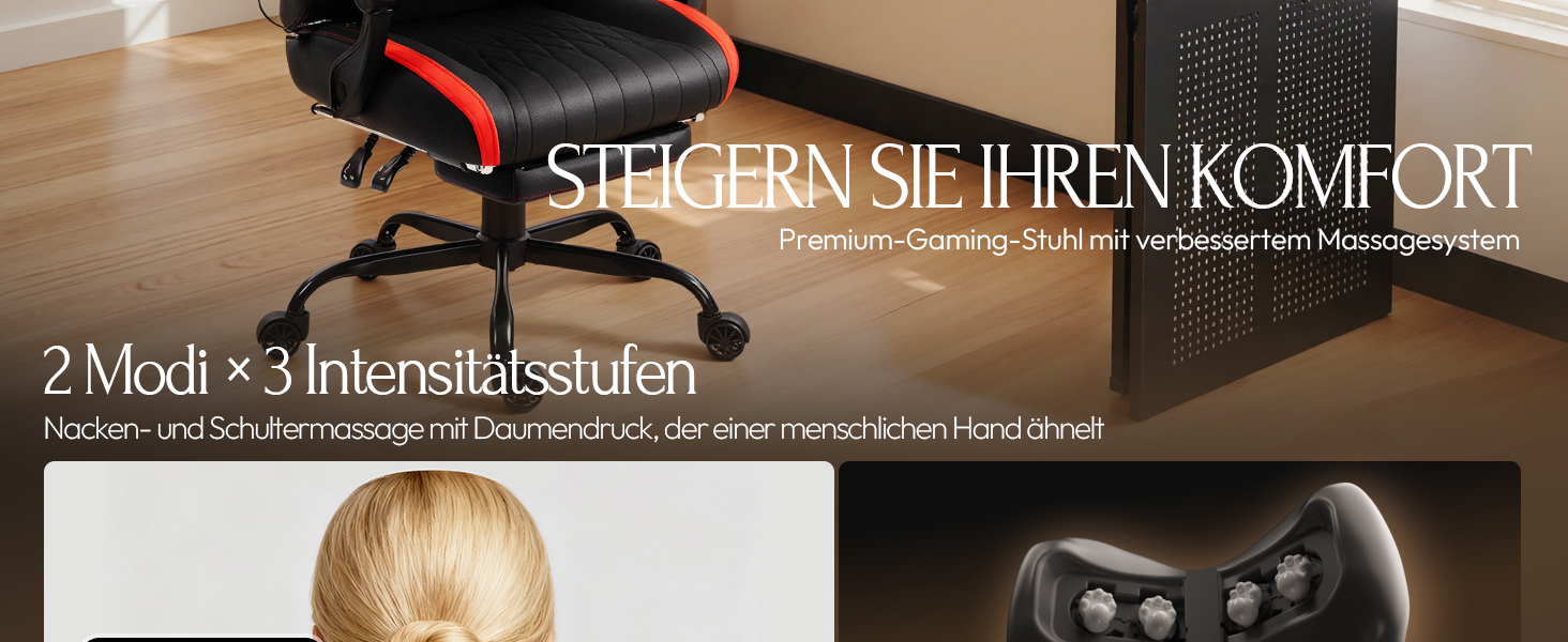 Ігровий крісло Dowinx з масажем, ергономічний дизайн, підтримка попереку та шиї, до 135 кг, шкіра, чорний (червоний)