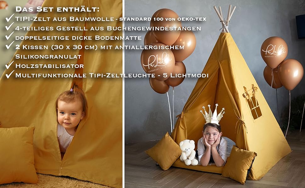 Дитяче намет-типі Tipi PaLulli® з бавовни, килимком, лампою та декоративними подушками (Рожевий)