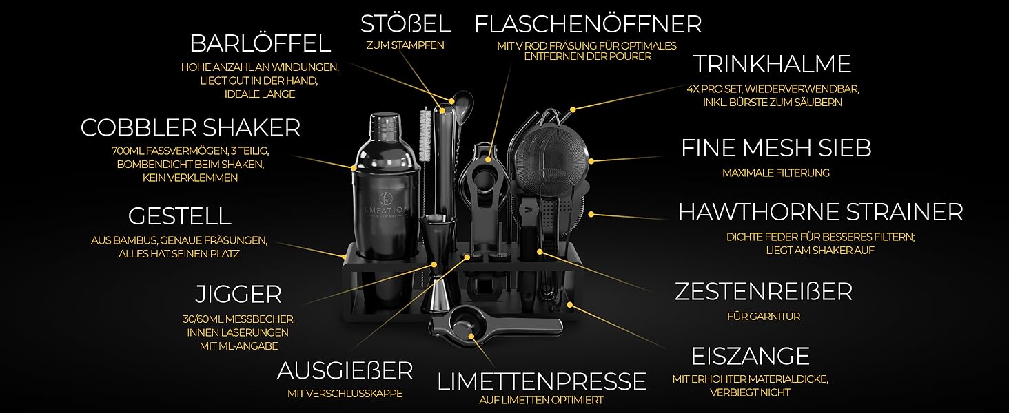 Набір для коктейлів Schwarz, 700 мл шейкер Cobbler з нержавіючої сталі, безпечне виливання, професійний набір шейкерів для коктейлів з підставкою та книгою рецептів, набір для барменів Signature Set чорного кольору