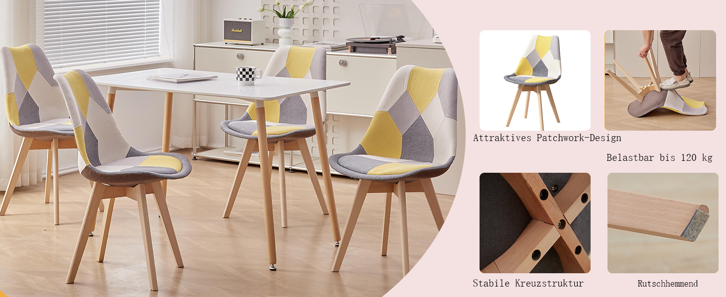 Набір обідніх стільців 6 шт., масивні дерев'яні ніжки, знімні подушки, кухонні стільці, сучасний дизайн (6 шт., світло-коричневий patchwork)