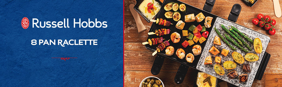 Ракуетниця Russell Hobbs Raclette Grill 8 осіб з 8 сковородами та дерев'яним шпателем, 2 грильні поверхні: з натурального каменю з жолобом для соку та антипригарне поворотне решітка/Teppanyaki, гриль для піци, 26280-56