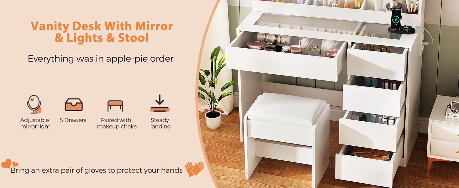 Трюмо з LED-підсвічуванням та пуфом ANWBROAD BDT74W, з дзеркалом, розетками та 5 шухлядами, сучасний білий колір