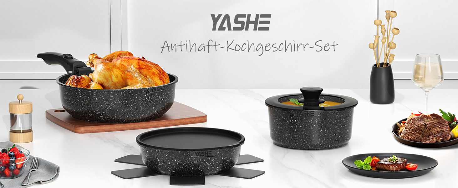Набір кухонного посуду YASHE 15 предметів: каструлі та сковорідки з гранітно-покриттям, знімні ручки, для індукції, газу та склокераміки (сірий)