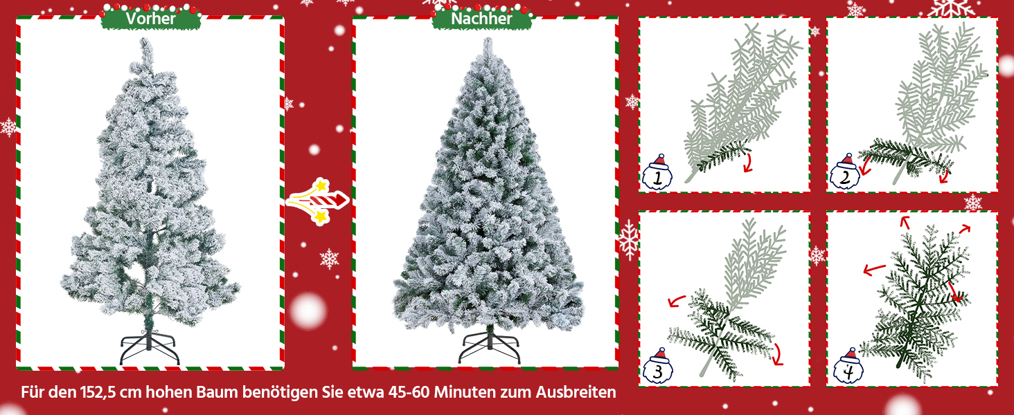 Штучна ялинка Yaheetech зі снігом 183 см (діаметр 120 см), 820 гілок, з металевим підставкою, швидкий монтаж, розкладний механізм для ялинки на Різдво