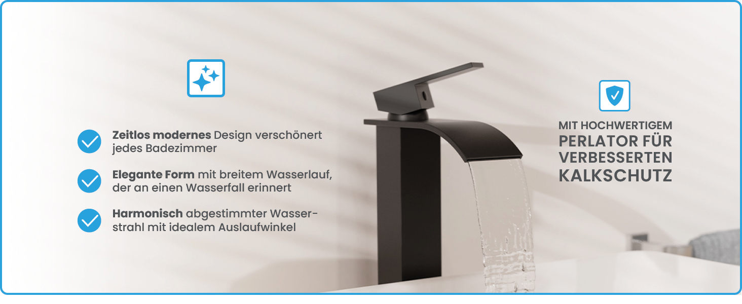 Змішувач для ванної кімнати Bächlein Tamina Waterfall в чорному матовому кольорі, однорідний важіль, керамічна картридж, комплект для монтажу