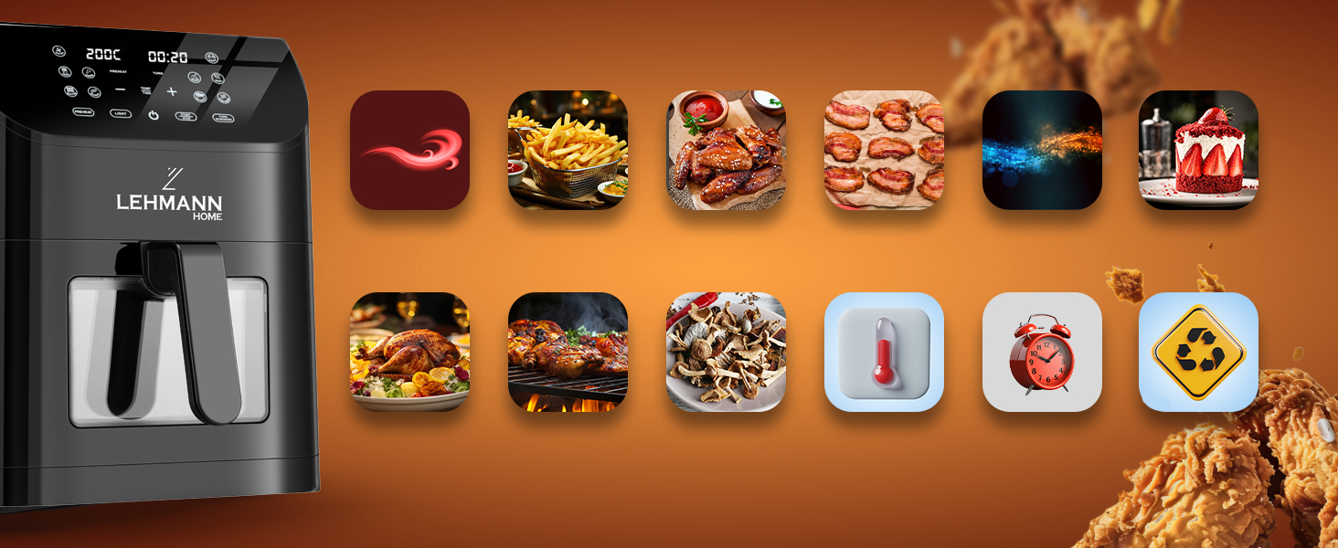 Фритюрниця повітряна LEHMANN XXL з 2 камерами (13 програм, 50–200°C, Touchscreen, антипригарне покриття, 8л)