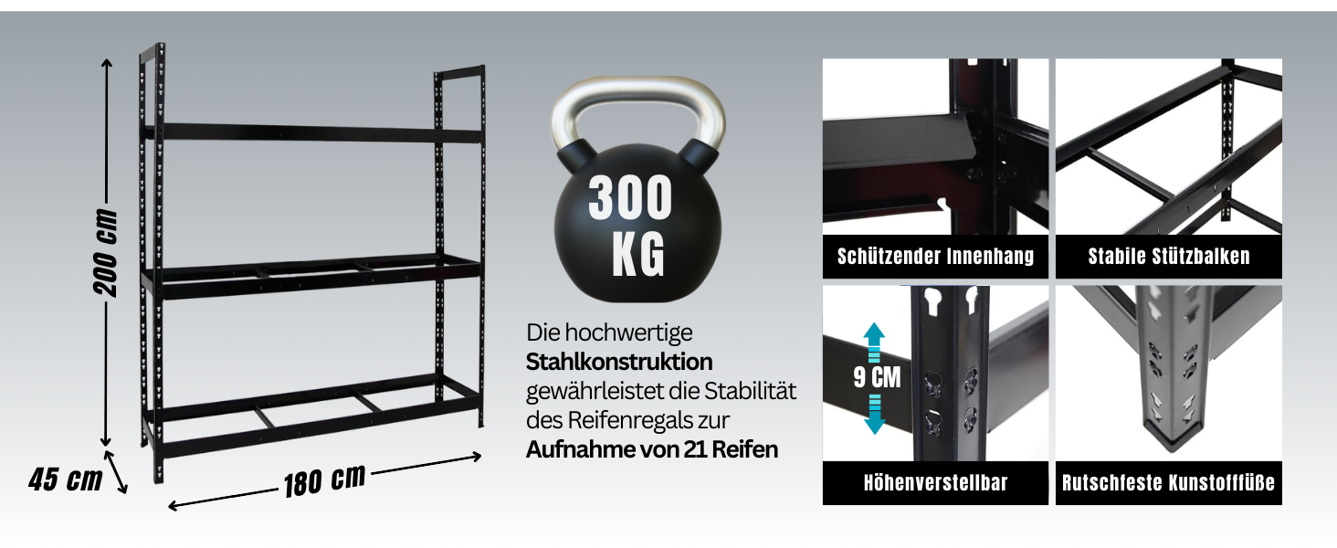 Стелаж для шин PROREGAL Tiger XL: 200x180x45 см, 300 кг навантаження, до 21 шини (205/55 R16), блакитно-помаранчевий, для майстерні, складу, підвалу