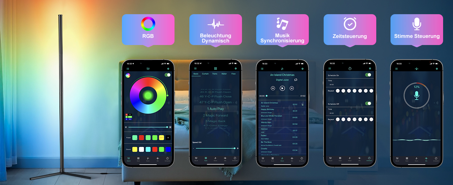 LED Торшер у вітальню RGB з димером, пультом та керуванням через додаток. Кутова LED лампа з 16 млн кольорів, 68+ режимів, музичний режим для спальні та геймінгу