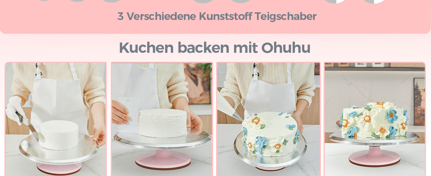 Ohuhu Поворотна платформа для тортів, 30 см, алюмінієвий сплав, 2 шпателі та 3 скребки, для декорування тортів та випічки, подарунок для кондитерів (Рожевий)