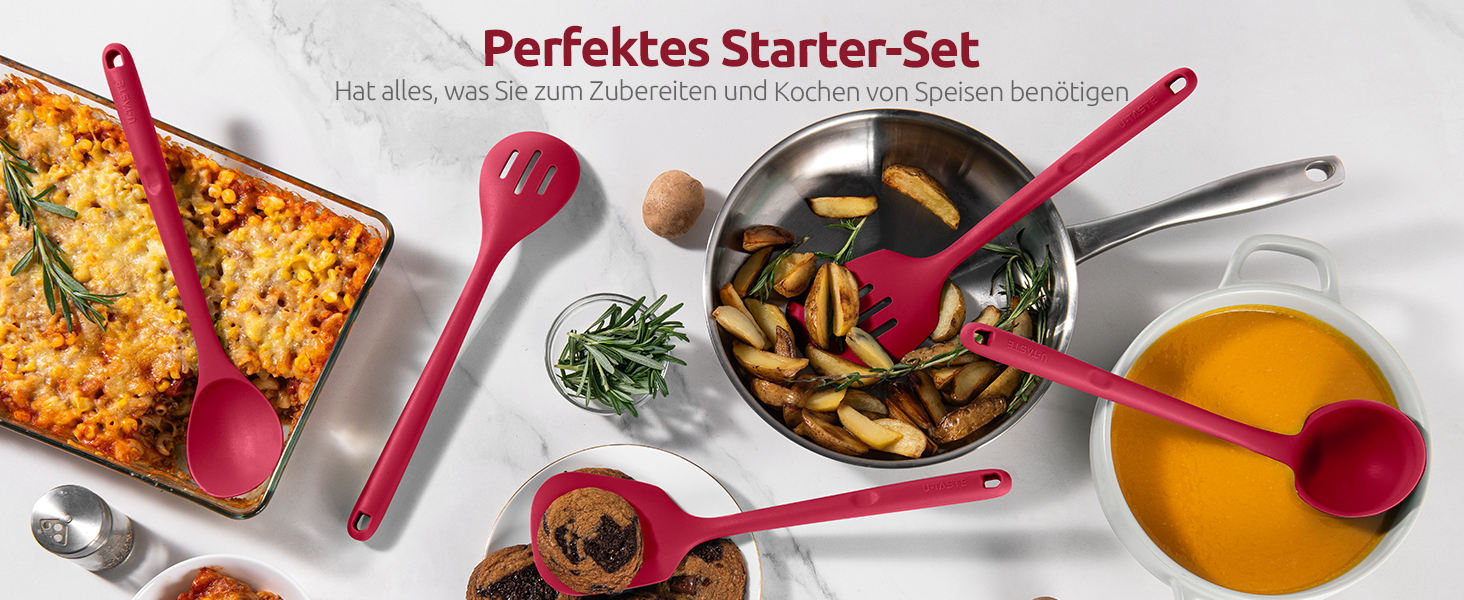 Набір кухонних аксесуарів U-Taste з силікону (5 шт.), стійкий до 315°C, BPA-free, антипригарний, для приготування, перемішування, подачі їжі (червоний)