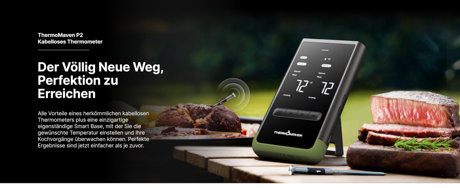 Розумний бездротовий термометр для м'яса ThermoMaven з базовою станцією, Bluetooth та Wi-Fi, 2 щупи, 6 сенсорів, NIST-сертифікований, для смокера, духовки та BBQ, колір авакадо