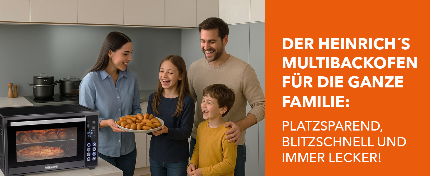 Багатофункціональна міні-піч Heinrich's з об'ємом 48л, конвекція, таймер 8год, підсвітка, 100-230°C, сенсорне керування, з аксесуарами, чорна, 2000W