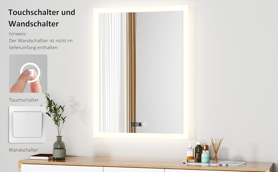 Дзеркало для ванної кімнати з підсвічуванням та годинником 50x70 см. LED дзеркало з сенсорним керуванням, 3 кольори світла, регулювання яскравості, 2470LM, стиль JB