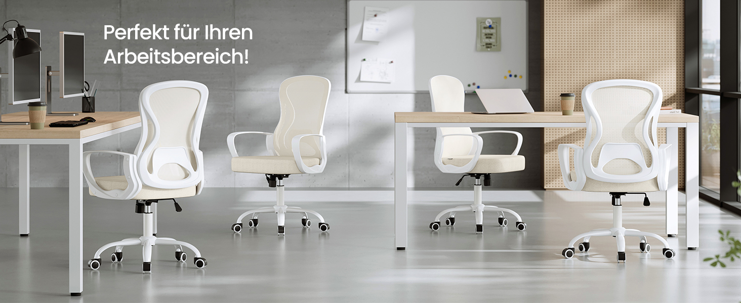 Офісний стілець SONGMICS ергономічний з підтримкою спини, обертовий, сітчастий, з підлокітниками, бежево-білий