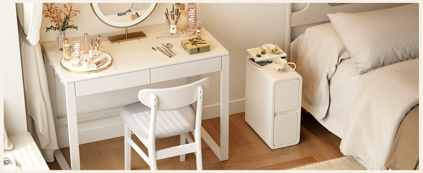 Нічний столик AQIMUELE, білий, з 2 шухлядами, ширина 30 см, без встановлення, з екошкірою