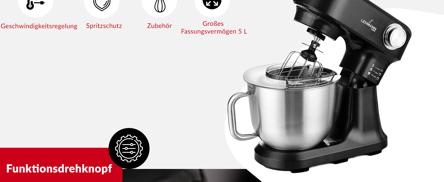 Кухонна машина Lehmann - планетарний міксер з набором аксесуарів - 3 насадки, захист від бризок, 5л чаша, 12 швидкостей, захист від перегріву, неслизька, чорний