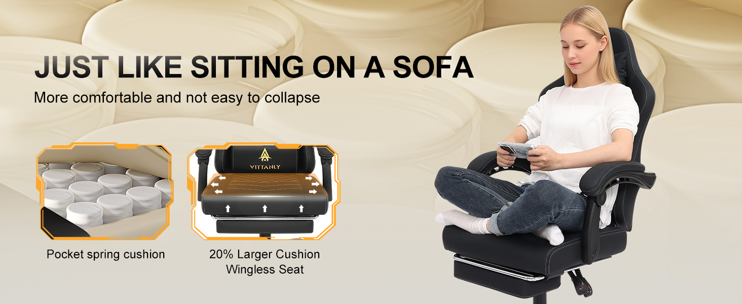 Ігровий крісло Vittanly з пружинним сидінням, ергономічний геймерський стілець з підголівником, поперековою подушкою та підніжкою, регульований поворотний ігровий крісло-офісне крісло, чорний, 150 кг