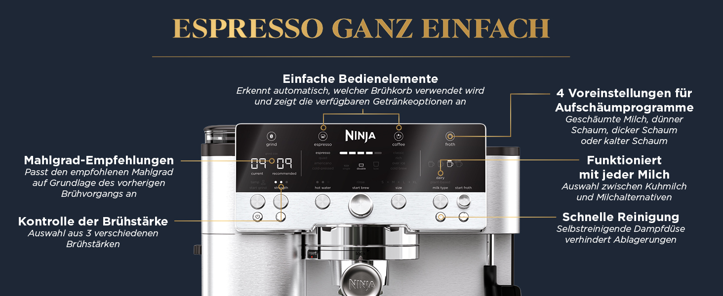 Кавомашина Ninja Luxe Premier 3-в-1 з млинком і капучинатором, для латте, капучино, еспресо, холодної кави, 4 режими спінювання, срібляста, ES601EU, євро-штекер