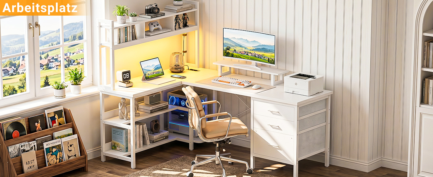 Кутовий L-подібний письмовий стіл Homieasy 150 см з LED-підсвіткою, шухлядою, USB та Type-C розетками, підставкою для монітора та полицею A4, білий