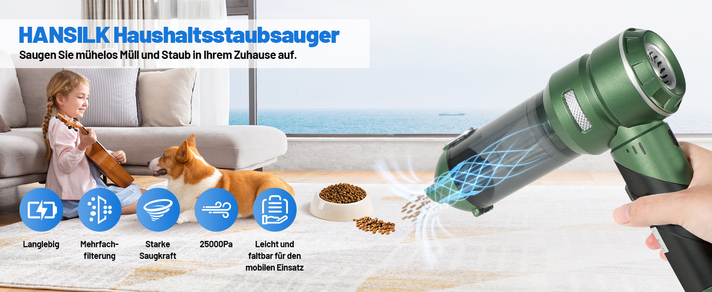 Акумуляторний ручний пилосос HANSILK 4 в 1, бездротовий автомобільний пилосос 25000Па, безщітковий двигун, 3 режими потужності, складаний міні-пилосос для авто, дому, диванів та шерсті тварин