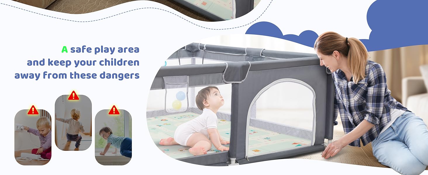 Манеж дитячий CHOLY для немовлят та малюків, 128x128 см (сірий з килимком 150x180 см) - безпечний, міцний, з сіткою та захистом