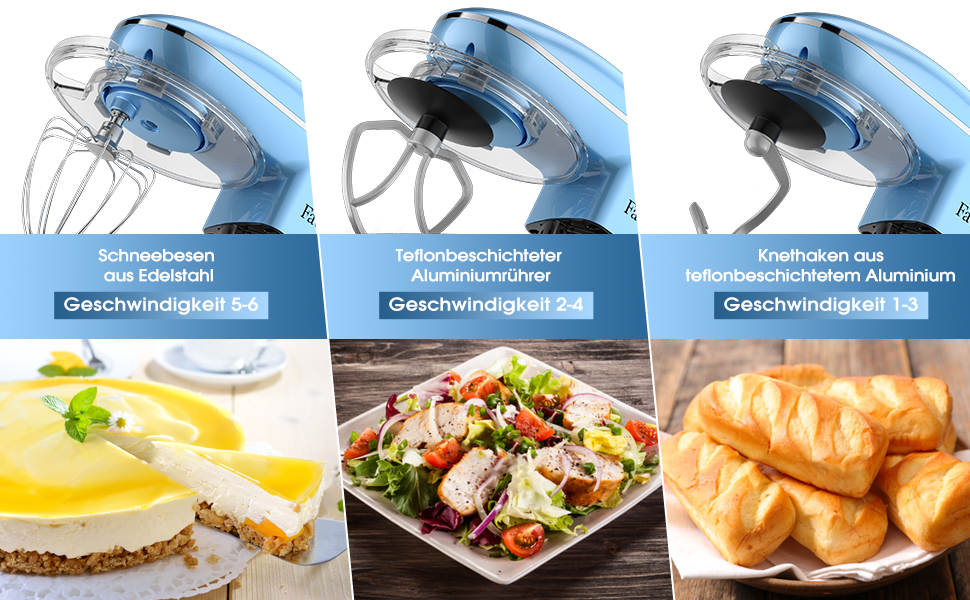 Кухонна машина Facelle 1500W з нержавіючою чашею 6.2L, 6 швидкостей, комплект насадок (блакитна)