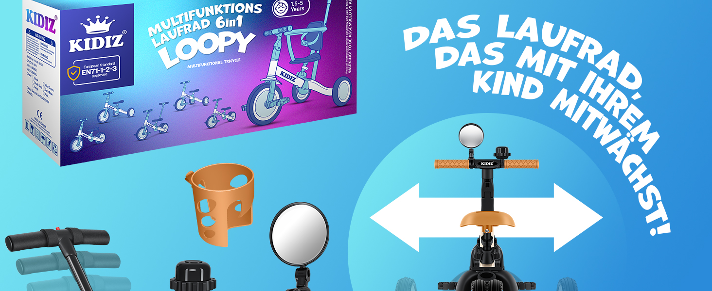 Біговел-триколіс KIDIZ 6-в-1 для дітей від 1 до 5 років (бежевий) до 25 кг з ручкою, захисним бампером, ременем безпеки, дзвінком та дзеркалом