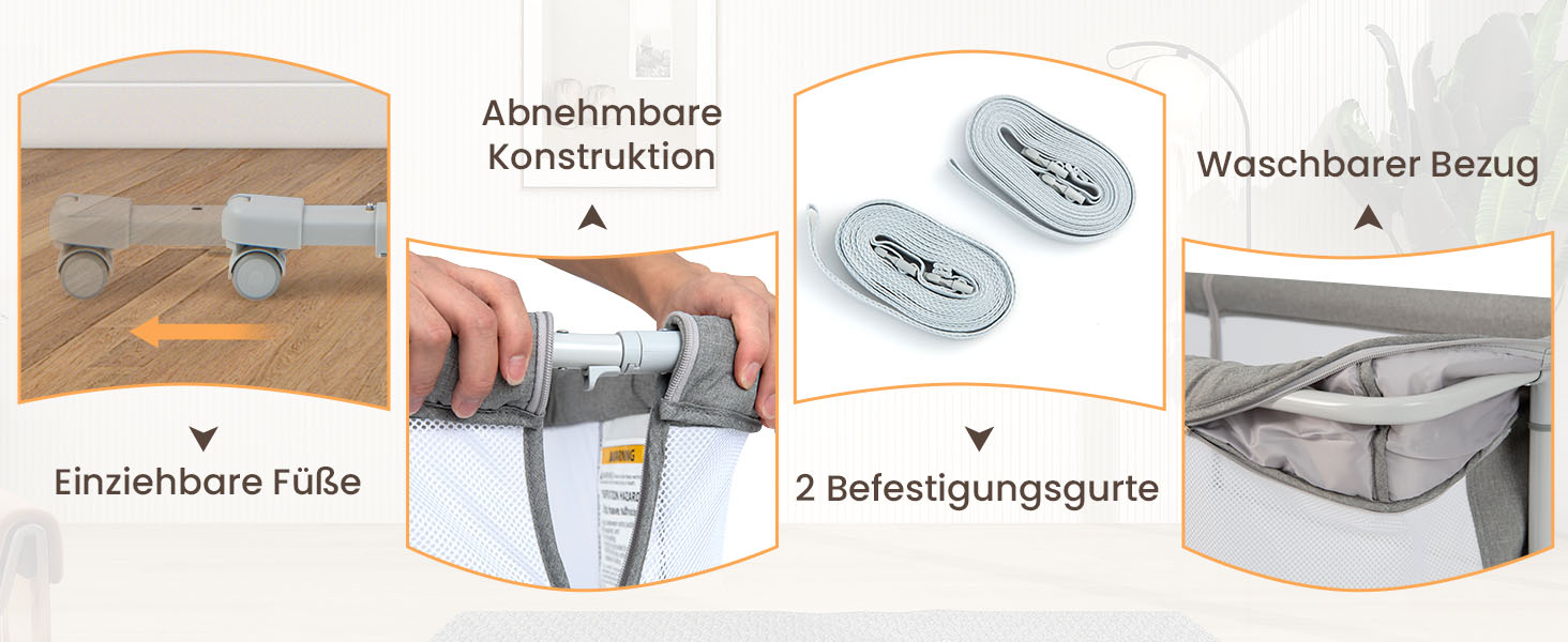 DREAMADE Beistellліжко 2-в-1 з регулюванням висоти, 5-рівнів, для новонароджених, з матрацом та колесами, 86 x 63 см, нахил 10°, сірий колір