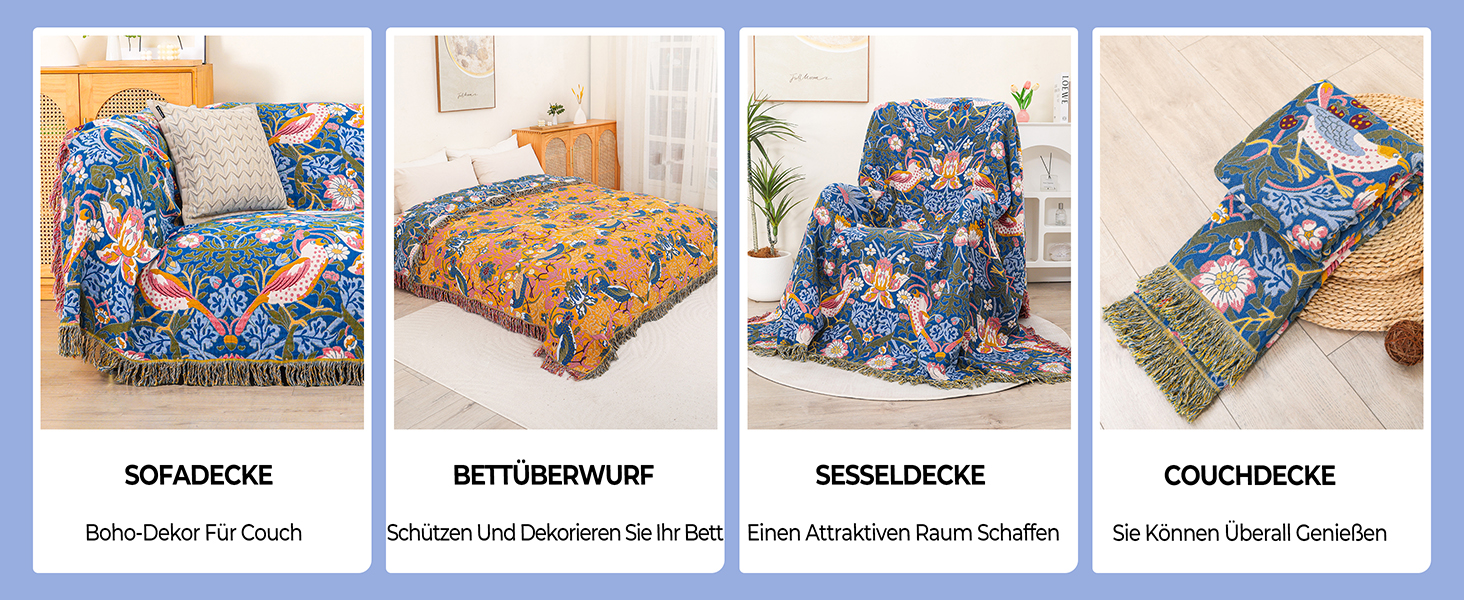 Плед Boho з 100% бавовни, стиль кантрі, 150х200 см (Птахи та квіти)